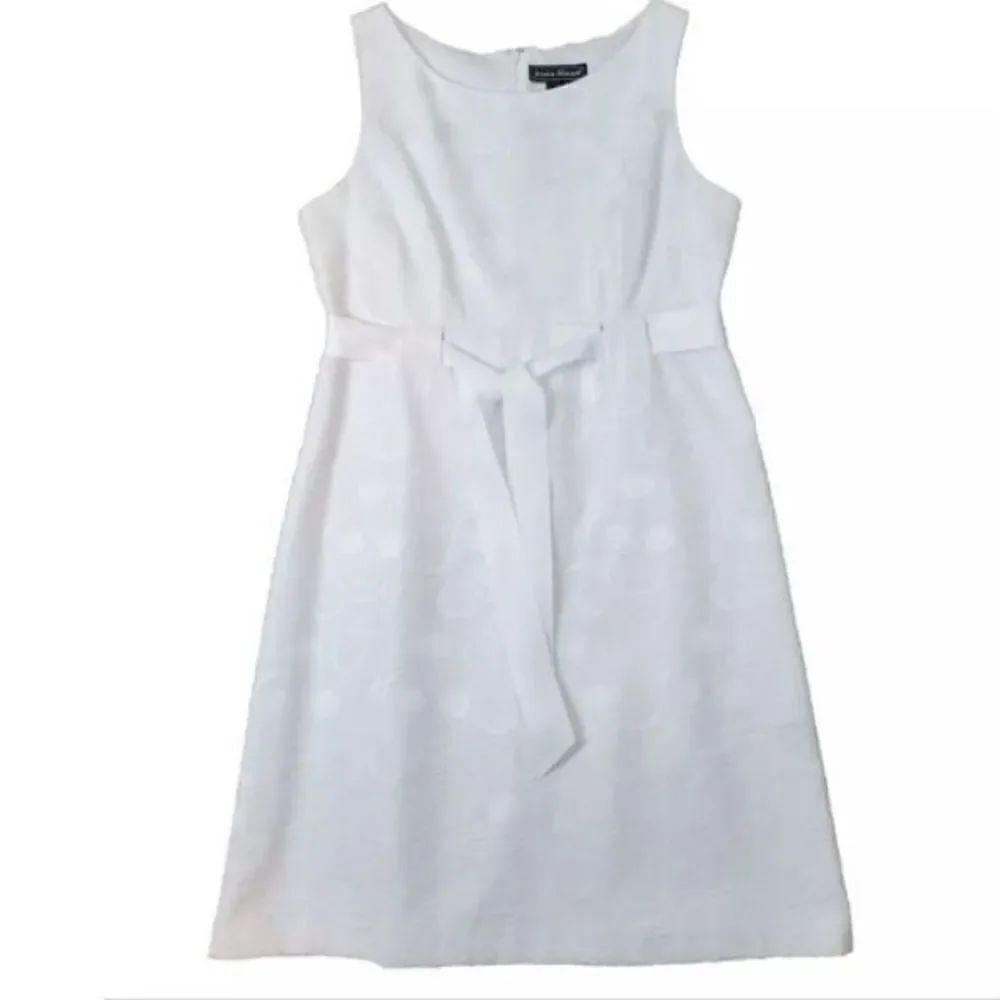 Jessica Howard 14W Sleeveless Summer Tea Dress White Ribbon Circle Print Coastal